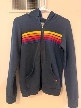 Aviator Nation Navy Zip Hoodie with Yellow, Orange, Red & Blue Retro Stripes